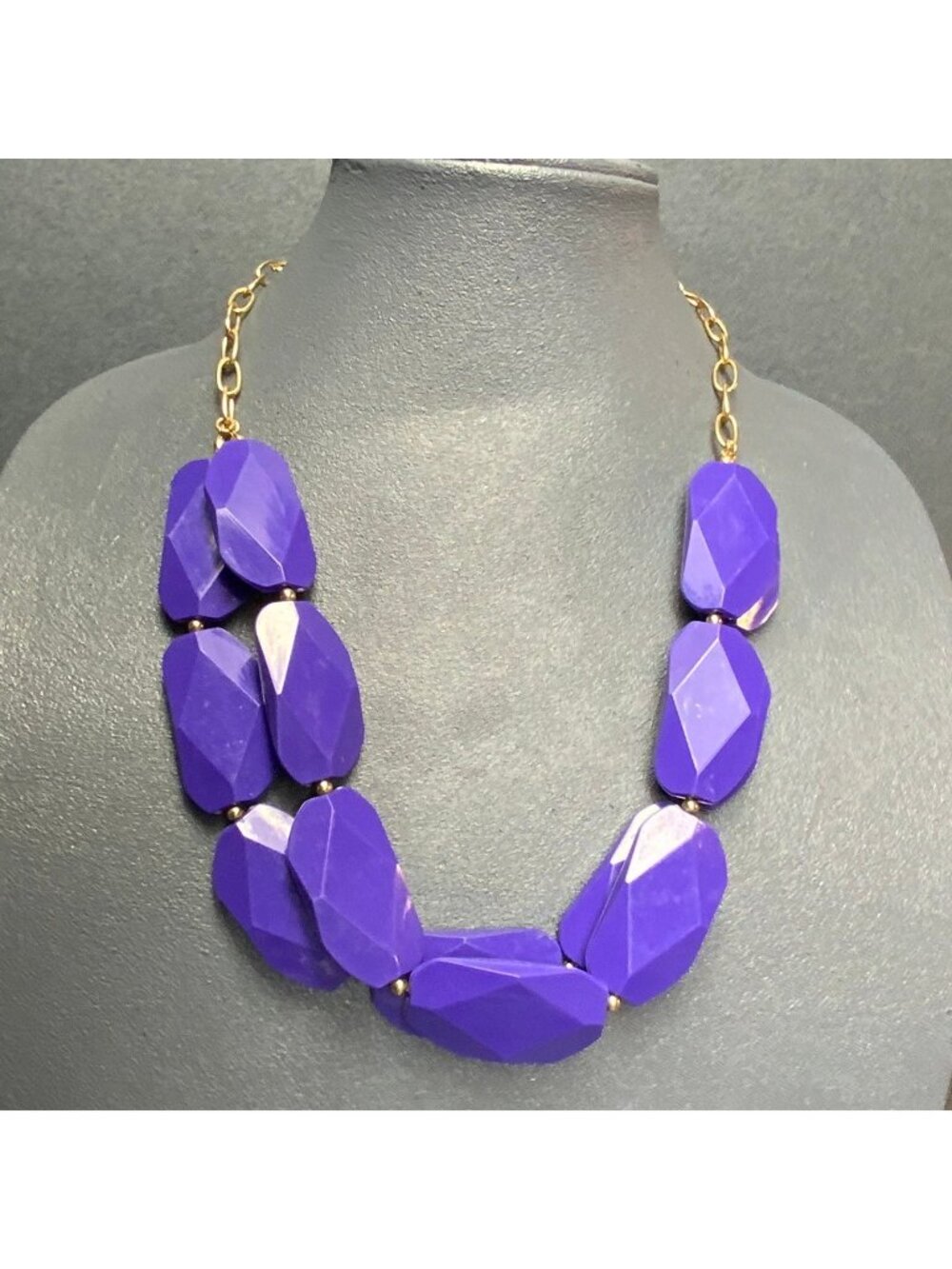 Double Strand Statement Necklace 24 In Chunky Faceted Purple Beads Gold Chain